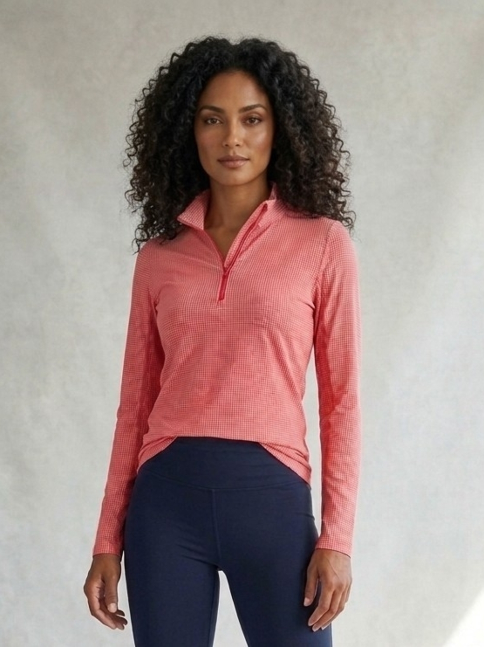 IBKUL Red And White Gingham Long-Sleeve Quarter-Zip Performance Top